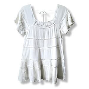 Blanco women crochet gauze tiered baby doll top S ivory delicate dainty boho